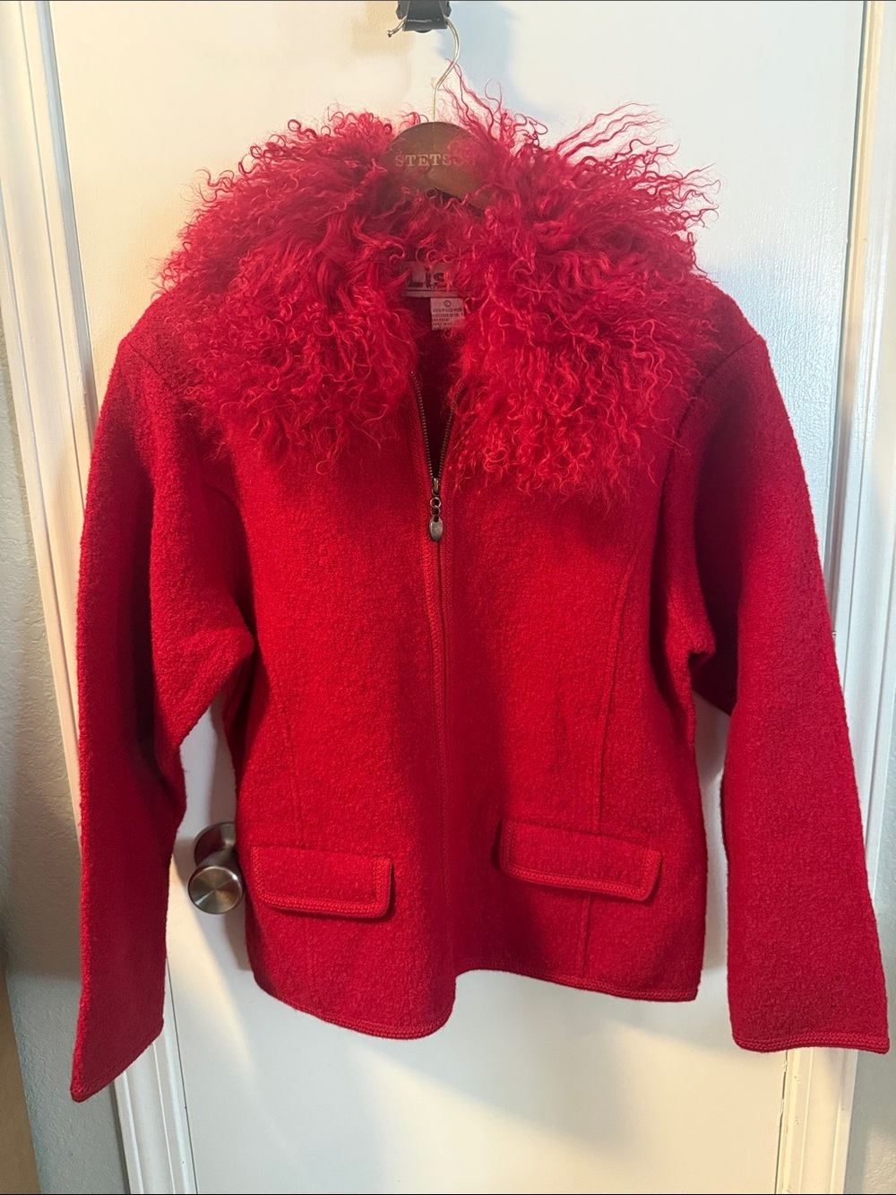 Lisa International Red Teddy Jacket with Curly Fur Collar